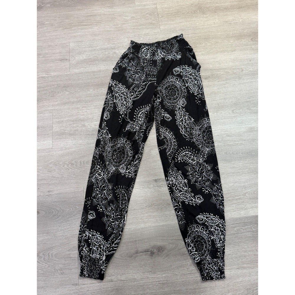LASCANA Black White Paisley Print Jogger Pants Sz 4 Boho Lounge Comfy Y2K Resort - Picture 2 of 8
